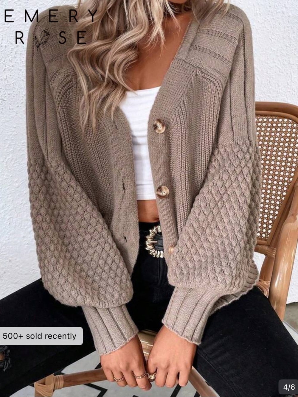 SHEIN Taupe Bubble-Sleeve Knit Button Cardigan
